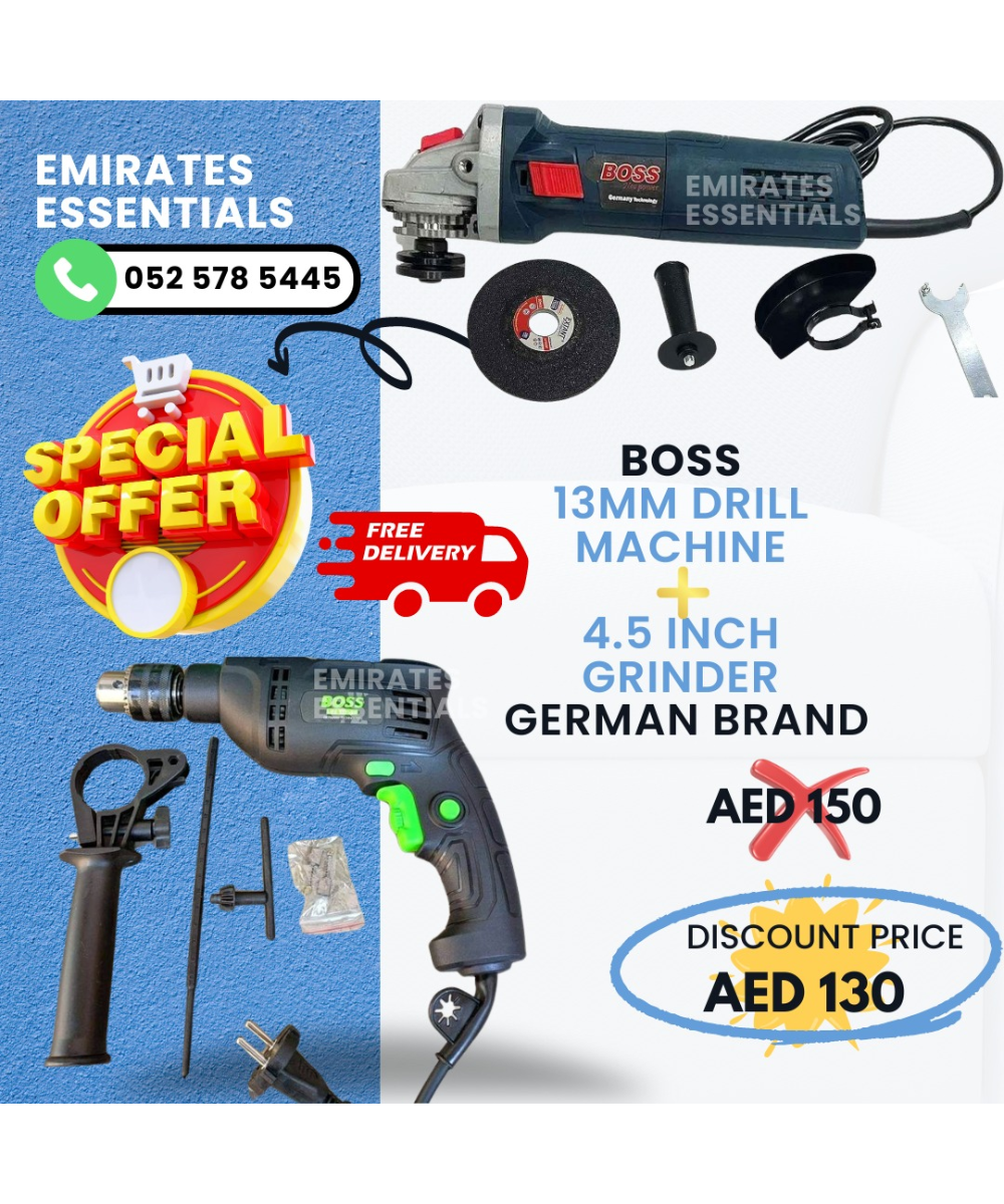 طقم أدوات BOSS مكون من قطعتين | مثقاب ١٣ مم ومطحنة ٤.٥ بوصة