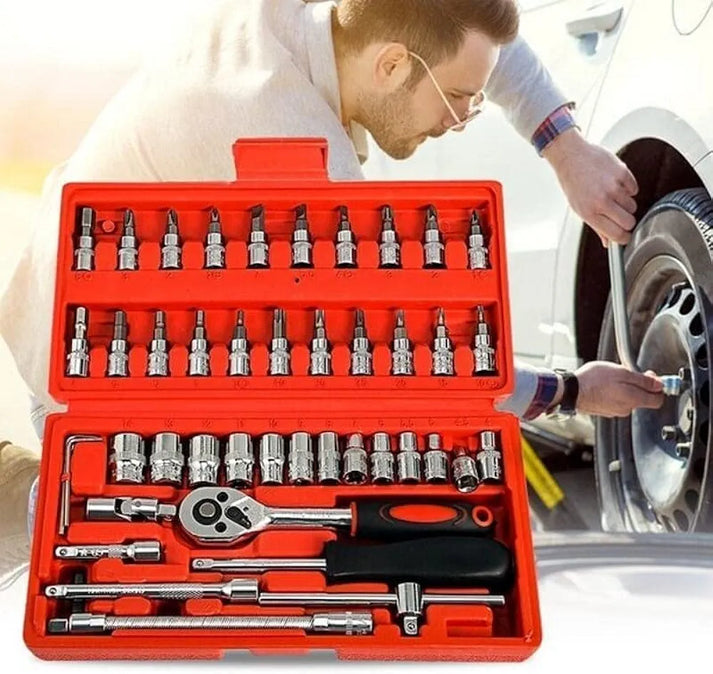 46-IN-1 Professional TOOL KIT | Car Repair Tool Sets Combination Tool Wrench Set Batch Head Ratchet Pawl Socket Spanner Screwdriver 1/4-Inch Socket Set