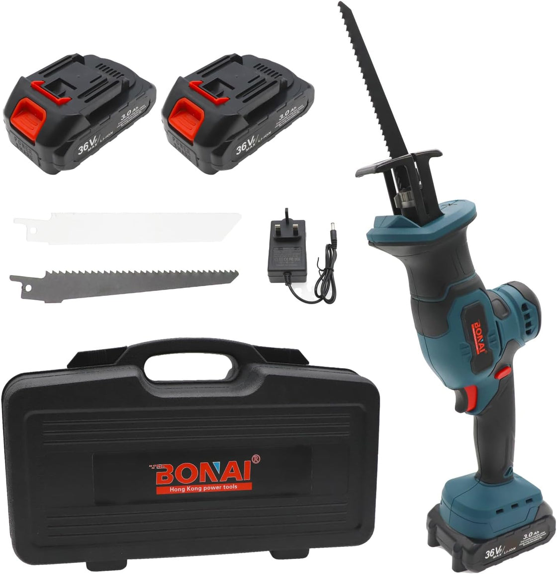 Boss 36V Cordless Reciprocating Saw with 20mm Stroke Length | High Performance at 2800 RPM, LED Light Tool - 100% Copper Wire 2Ah Battery Charger | German Technology