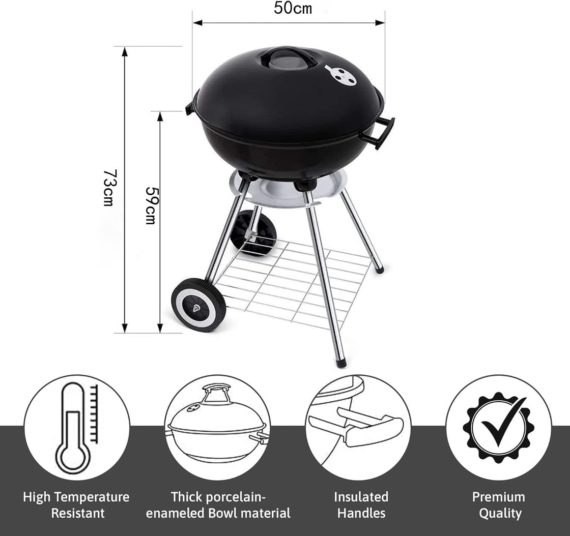 Portable Barbecue Grill with Wheel and 3-Point Locking Lid for Heat Preservation, Dual Venting System, Small Charcoal Grill for Backyard, Camping, Boat