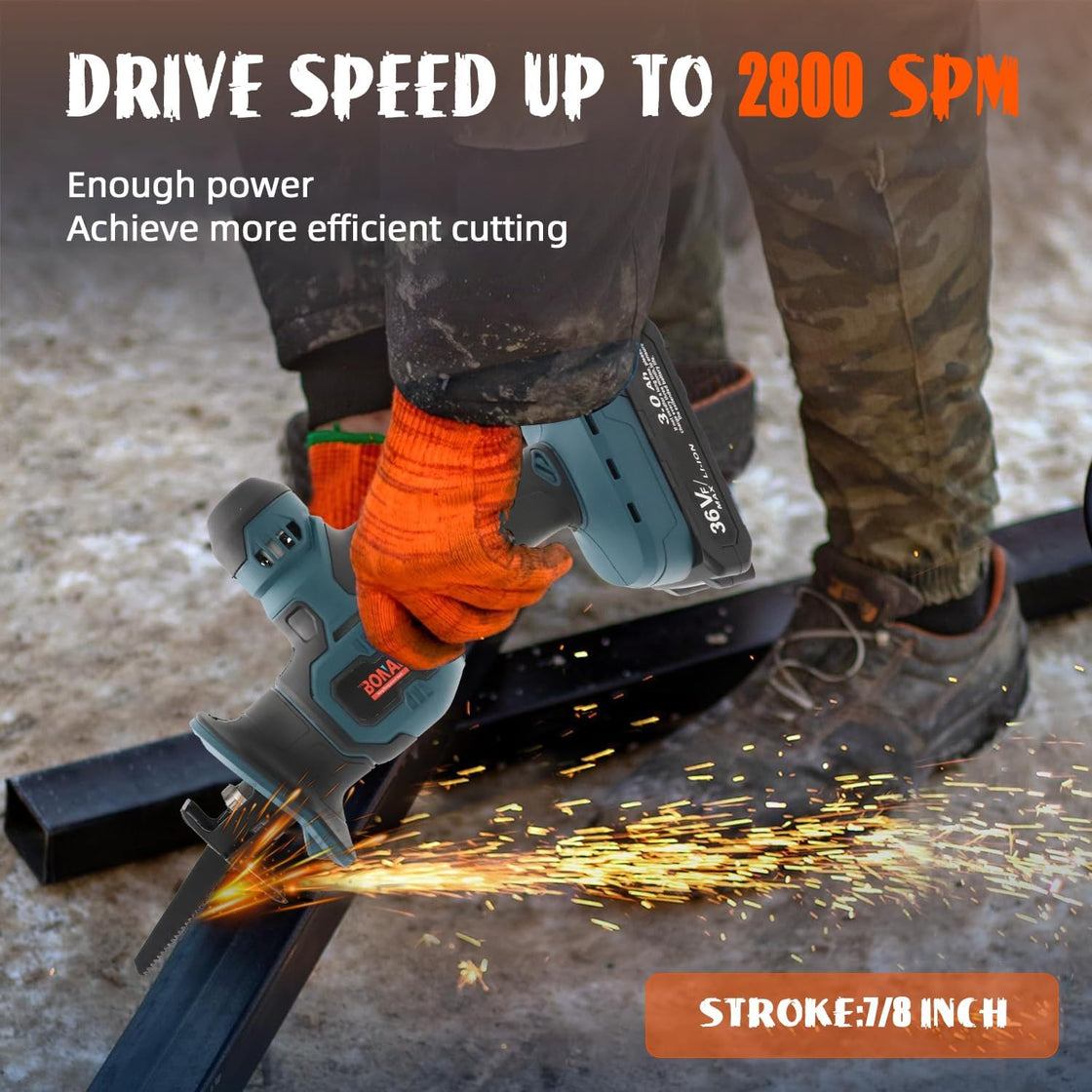 Boss 36V Cordless Reciprocating Saw with 20mm Stroke Length | High Performance at 2800 RPM, LED Light Tool - 100% Copper Wire 2Ah Battery Charger | German Technology