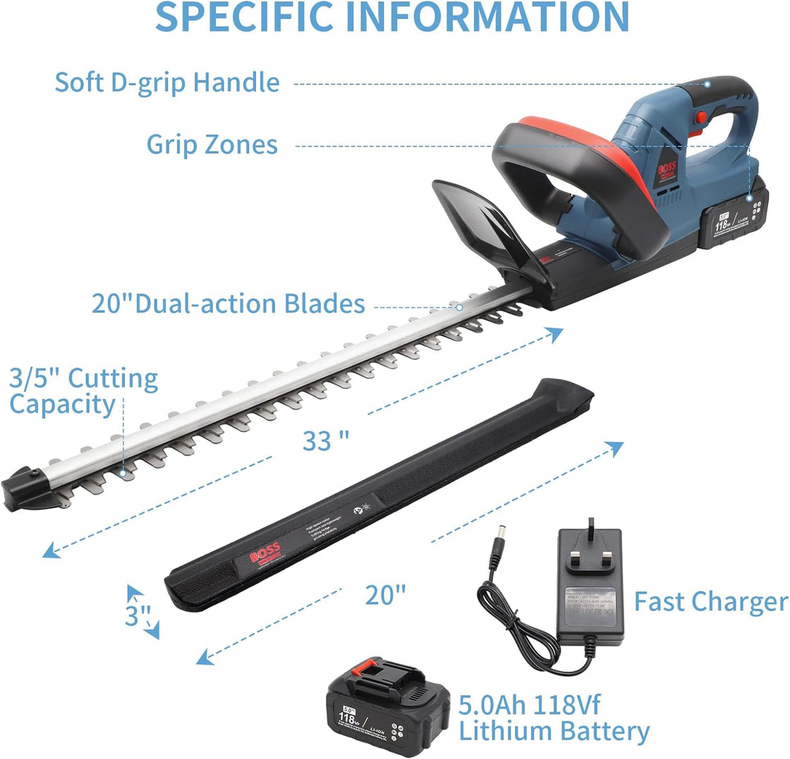 Cordless Hedge Trimmer with battery and Charger | Boss Heavy Duty Shrub Cutter for Effortless Hedge Clipping, Grass Trimming, and Pristine Landscaping