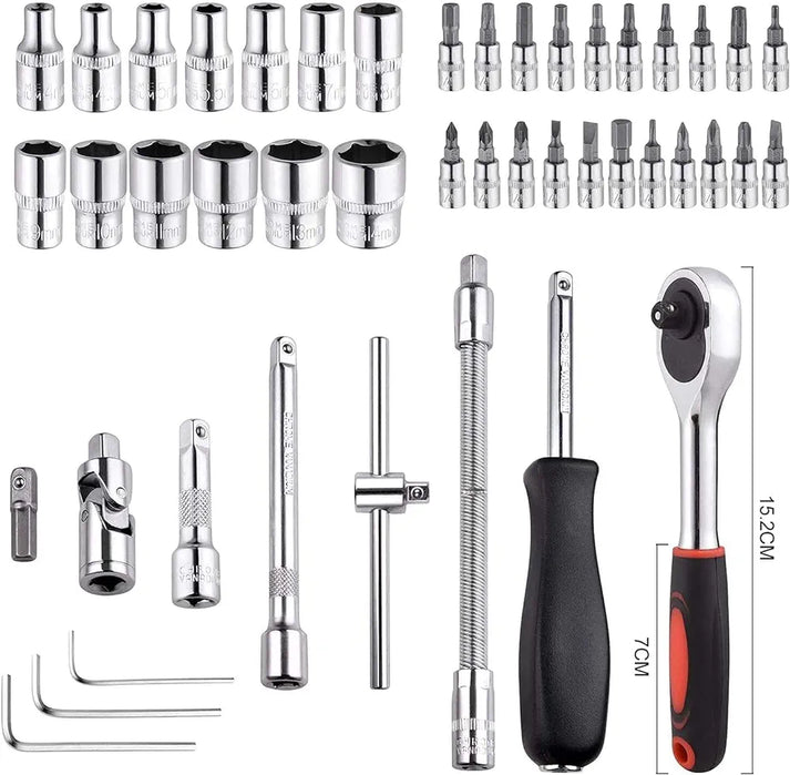 46-IN-1 Professional TOOL KIT | Car Repair Tool Sets Combination Tool Wrench Set Batch Head Ratchet Pawl Socket Spanner Screwdriver 1/4-Inch Socket Set