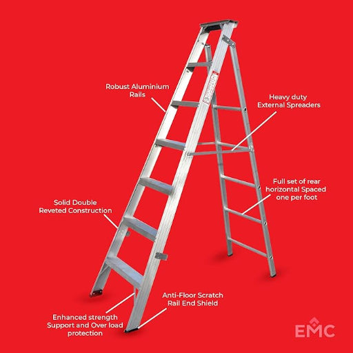EMC Dual Purpose Aluminium 7 Step Ladder for Home: 250kg Capacity, Heavy Duty Design with Safety Lock | Extendable Feature