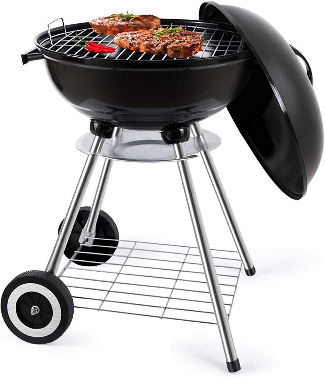 Portable Barbecue Grill with Wheel and 3-Point Locking Lid for Heat Preservation, Dual Venting System, Small Charcoal Grill for Backyard, Camping, Boat