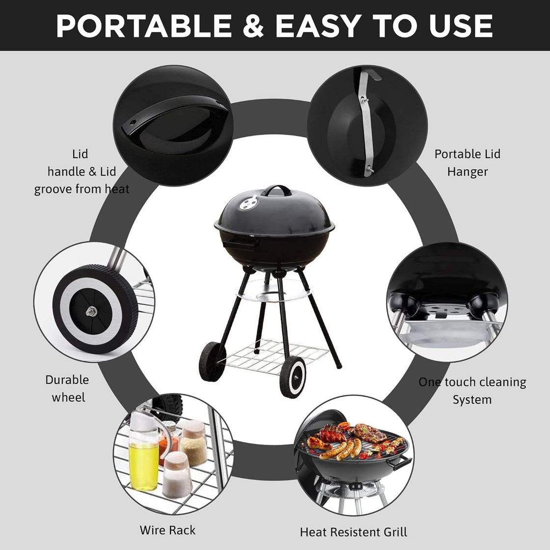 Portable Barbecue Grill with Wheel and 3-Point Locking Lid for Heat Preservation, Dual Venting System, Small Charcoal Grill for Backyard, Camping, Boat