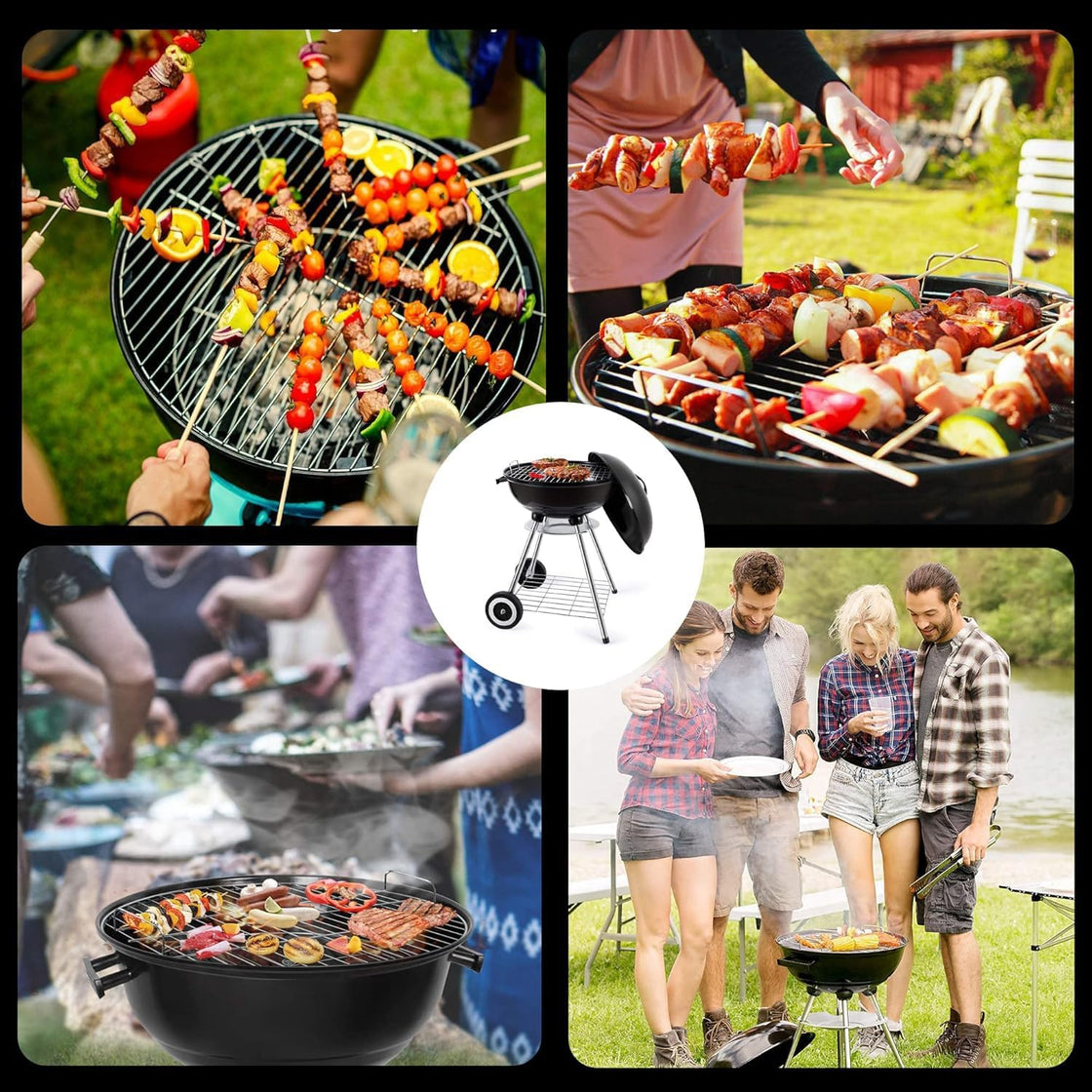 Portable Barbecue Grill with Wheel and 3-Point Locking Lid for Heat Preservation, Dual Venting System, Small Charcoal Grill for Backyard, Camping, Boat