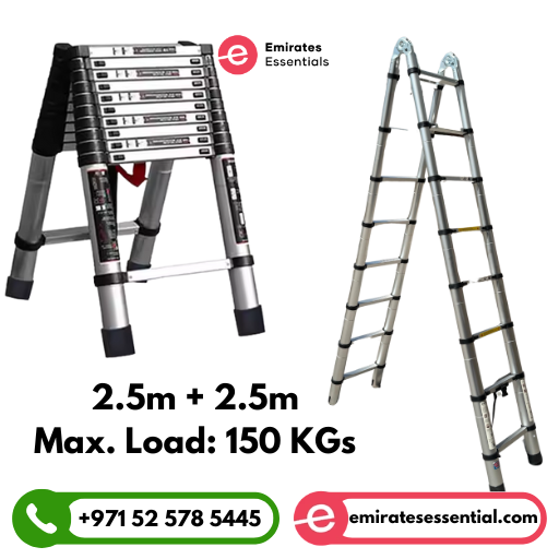 سلم تمديد تلسكوبي محمول متعدد الوظائف من النوع A، ٢.٥ متر × ٢.٥ متر | قضيب توازن بغطاء مانع للانزلاق للاستخدام المنزلي في الأماكن الخارجية والداخلية - وزن ١٥٠ كجم 