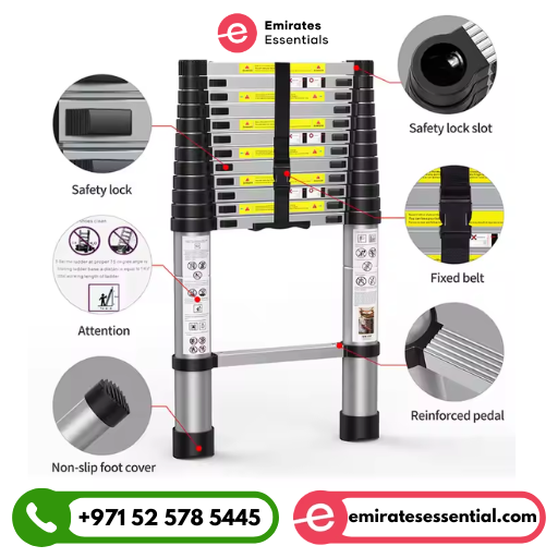 سلم تمديد تلسكوبي محمول متعدد الوظائف من النوع A، ٢.٥ متر × ٢.٥ متر | قضيب توازن بغطاء مانع للانزلاق للاستخدام المنزلي في الأماكن الخارجية والداخلية - وزن ١٥٠ كجم 