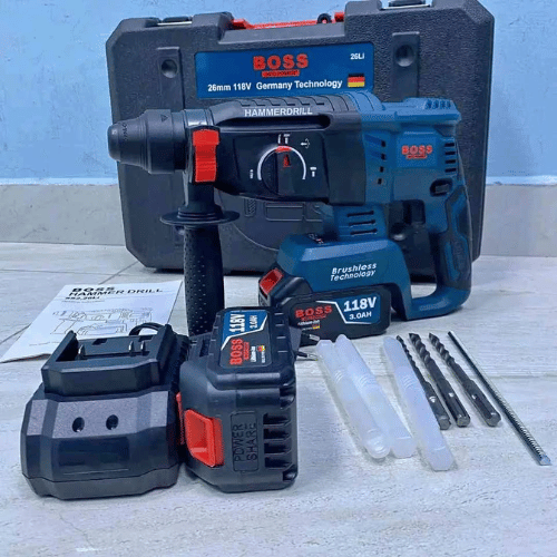 مطرقة دوارة لاسلكية بدون فرشاة من Boss بقوة 118 فولت بمقبض واحد مع شاحن