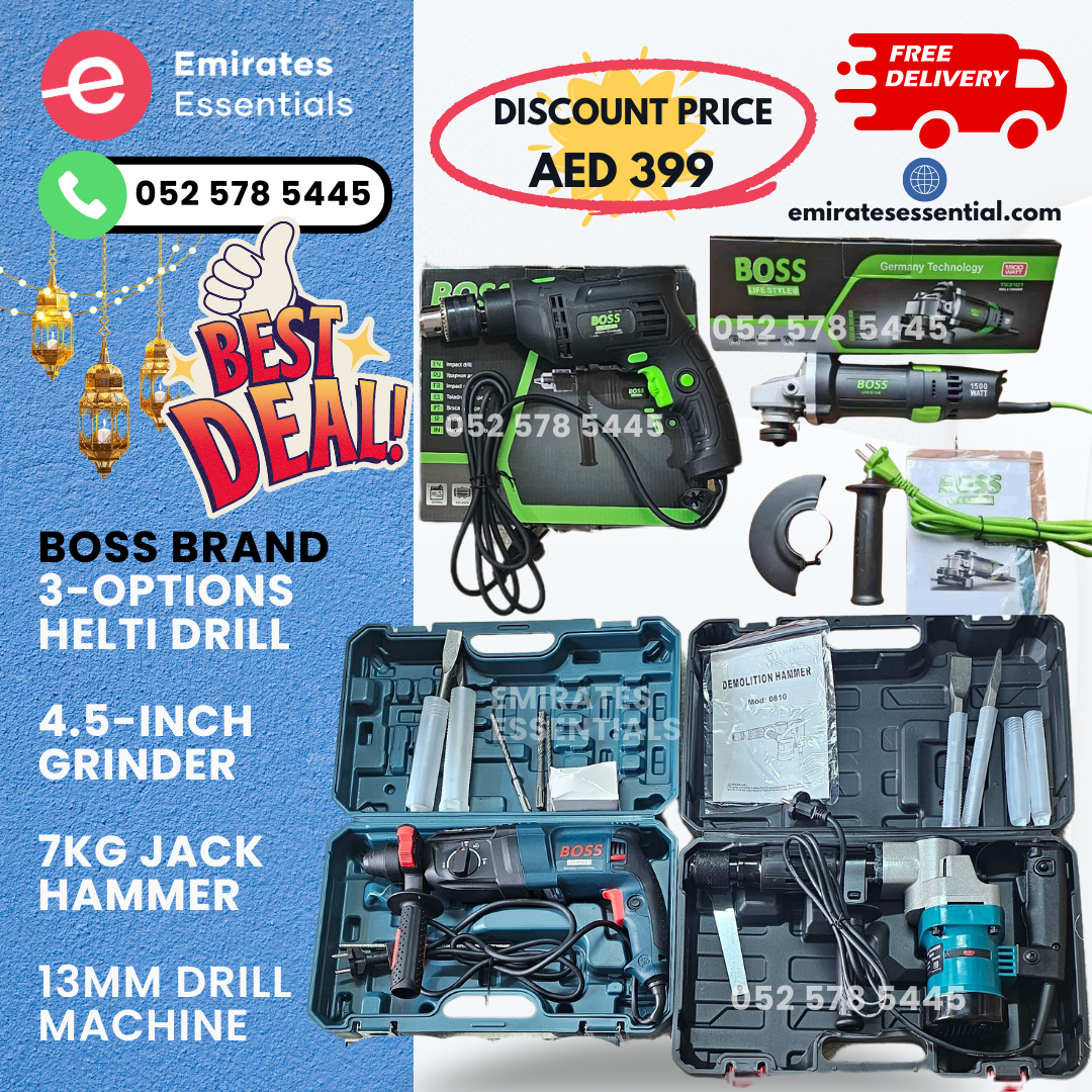 BOSS Electric Combo Set 4-in1 Includes 7kg  Jackhammer, helti Drill, 4.5 inch Grinder & 13mm Electric Drill.