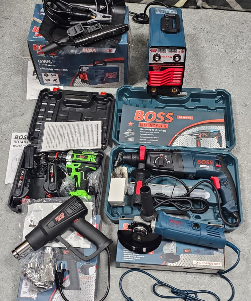 BOSS 5 Pcs Power Tools Kit | Welding, Tighter, Grinder, Heat gun, & 3 option helti dril machine