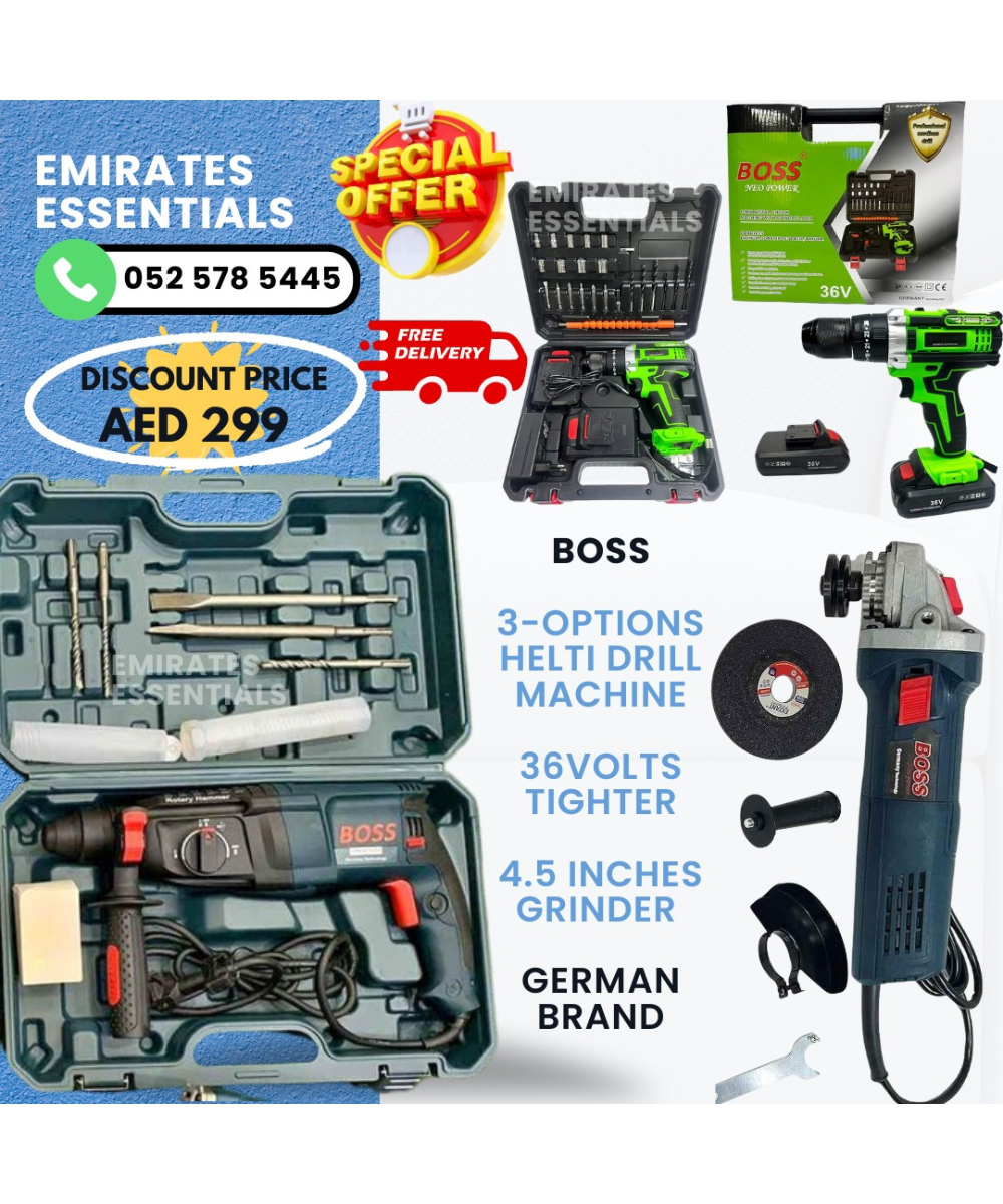 BOSS 3 PCS Power Tool Deals | Tighter, Helti drill & Grinder Machine